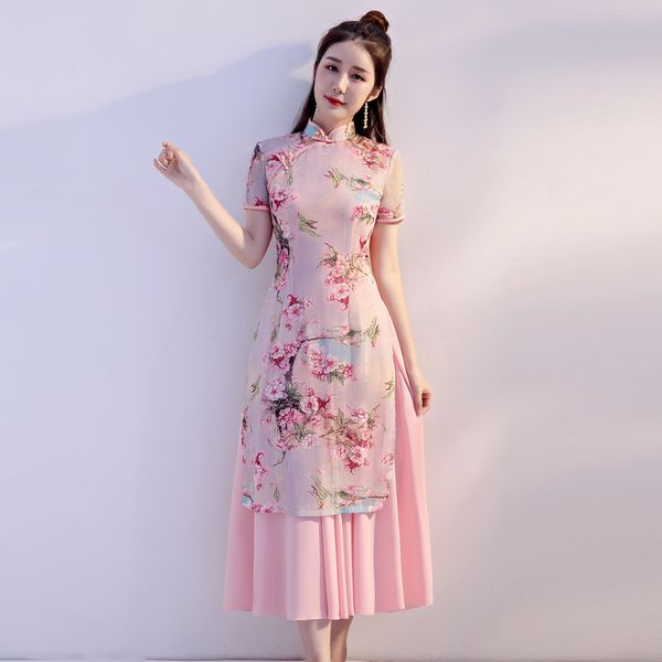 

asian style pink print floral modern cheongsam ao dai dress, Red