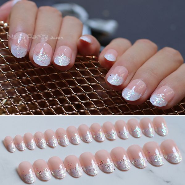 

pink nude oval fake nails french glitter false nails ab diamond flash cute girl medium lovely, Red;gold
