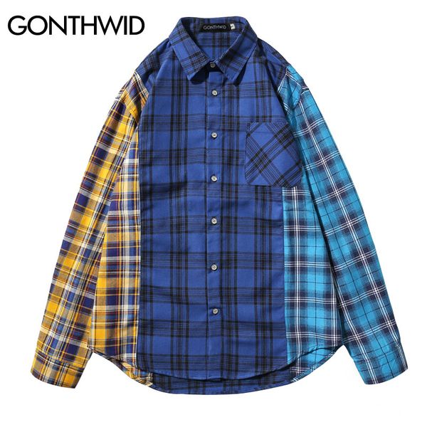 

gonthwid men patchwork plaid long sleeve shirts hip hop fashion casual turn down collar shirt male 2018 autumn streetwear, White;black