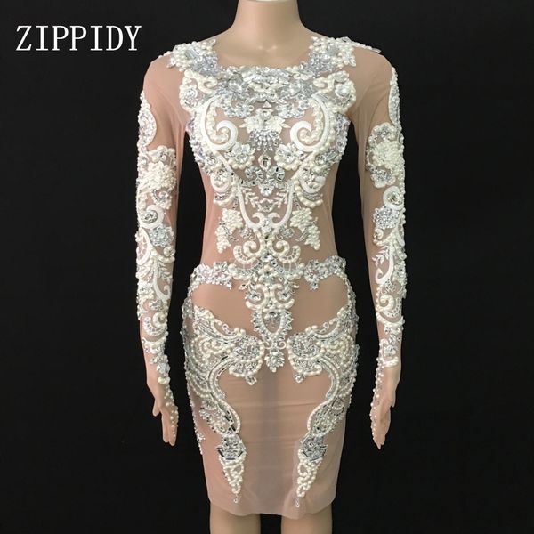 

sparkly pearls lace mesh dress see through birthday celebrate dresses outfit party dance female singer outfit, Black;gray