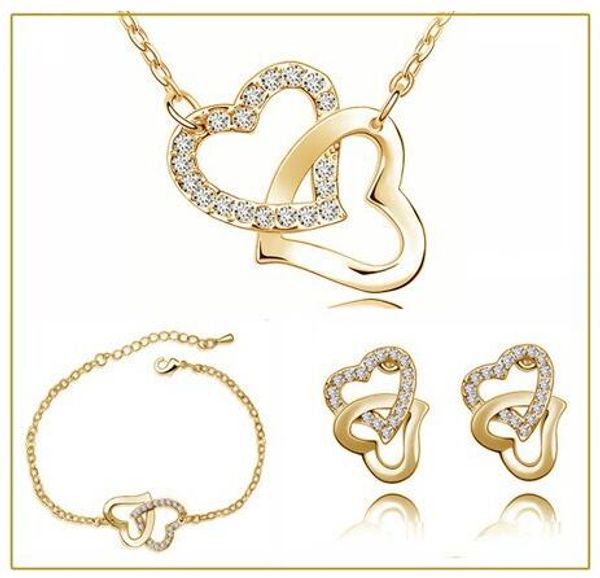 

tiger totem yellow double heart locket charm czech rhinestones fashion necklace earring jewelry sets, Silver