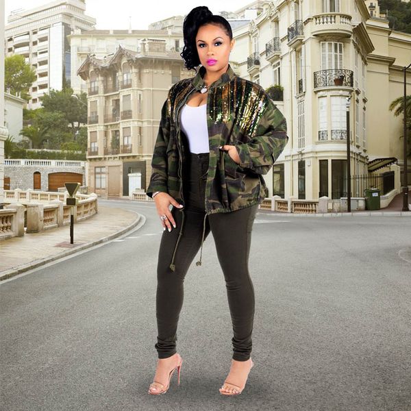 

women's green camouflage long sleeve coat with sparkle glam striped sequins sequined patchwork zipper loose jacket autumn winter, Black;brown