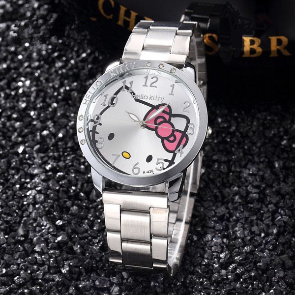 

hello kitty girls bracelet watch luxury diamond female business wristwatches stainless steel kids cartoon dress clock bayan saat, Slivery;brown