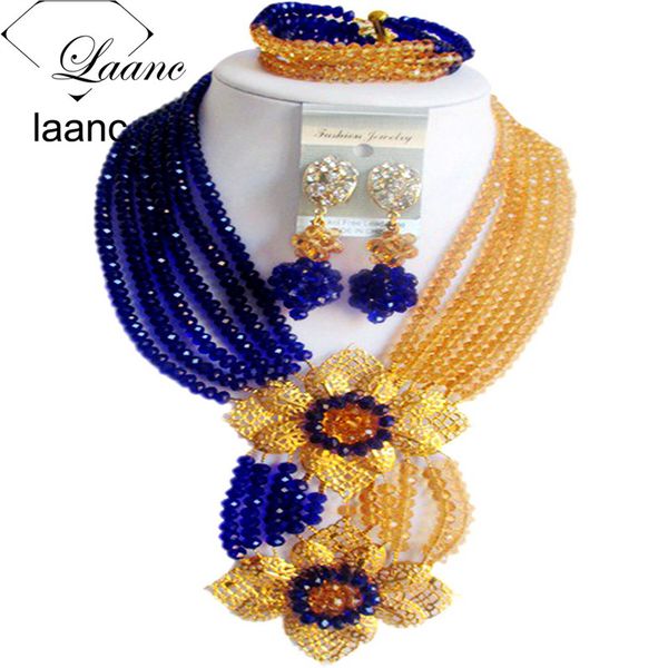 

laanc fashion royal blue champange gold nigerian wedding african beads jewelry set crystal c6chlk024, Slivery;golden