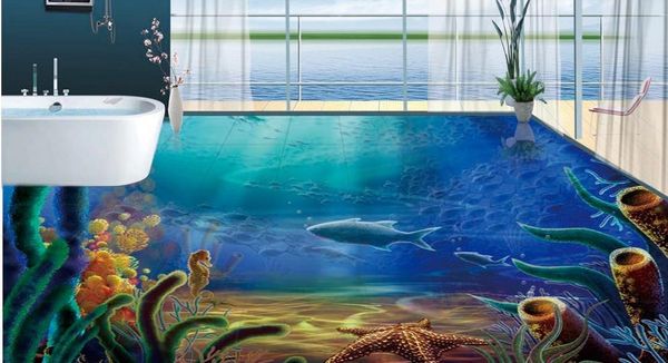 melhoria home Ocean World Dolphin para pisos ladrilhos 3d papel de parede piso pvc para banheiro