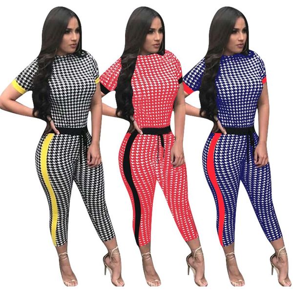 

Womens Party Evening Casual Fashion Short Sleeve Houndstooth Print Spliced Bodycon Playsuit Jumpsuit Clubwear