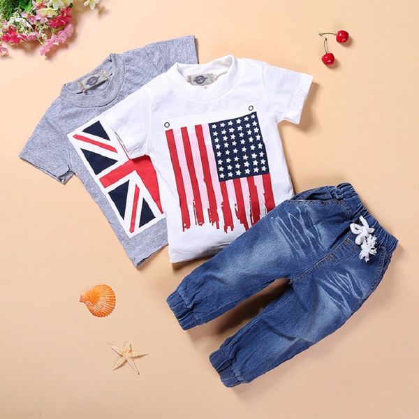 Yaz Erkek Bebek Giyim Seti Kot Pantolon + Beyaz Gri T Shirt Çocuk Giysileri 3 Parça Boys Suit Kıyafetler Çocuklar Için Giysi Setleri 2-7Y