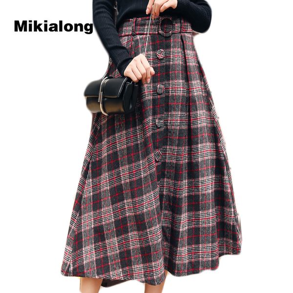 

mikialong 2017 vintage high waist long maxi skirt for women korean fashion wool plaid skirt with belt loose a line skater, Black