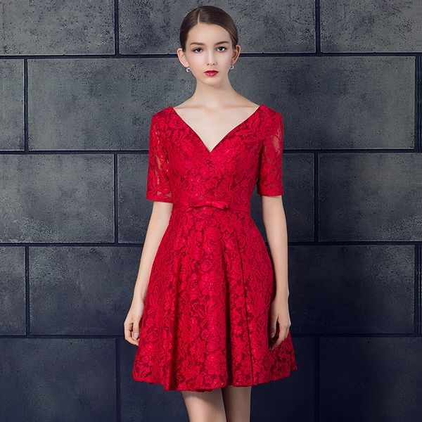 Neue Rote Spitze Tiefem V-ausschnitt Formelle Abendkleider Kurze Mode Neckholder Kleines Kleid Prom Party Kleider HY068
