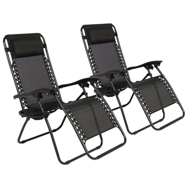 

2 folding zero gravity lounge chairs+utility tray outdoor beach patio