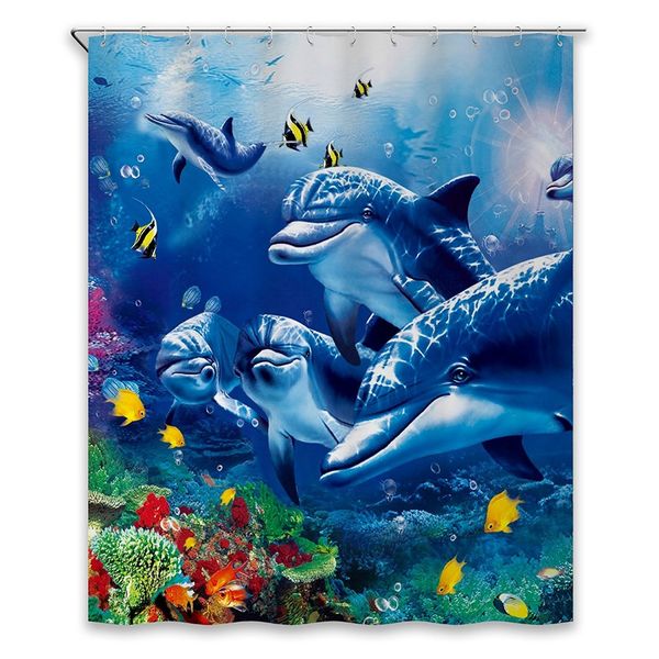 Chuveiro Cortinas Art Fantastic Sea Animal Peixes Dolphin Coral Azul Impressão Decorativa Poliéster Tecido Curtains