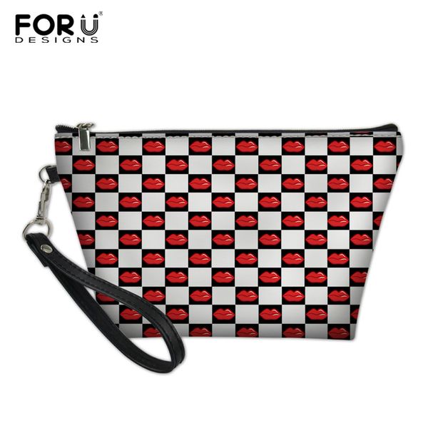 

forudesigns red lip print organizer cosmetic bag female pu leather make up pouch neceser toiletry washing bath organizer pouch