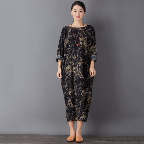 

blue and white porcelain retro cotton and linen loose dress, Black;gray