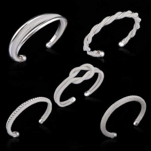 

новый стерлингового серебра 925 сетки манжеты браслеты 5 дизайн женщин двойной провод витой открыть браслет для дамы гипоаллергенный ювелирн, White