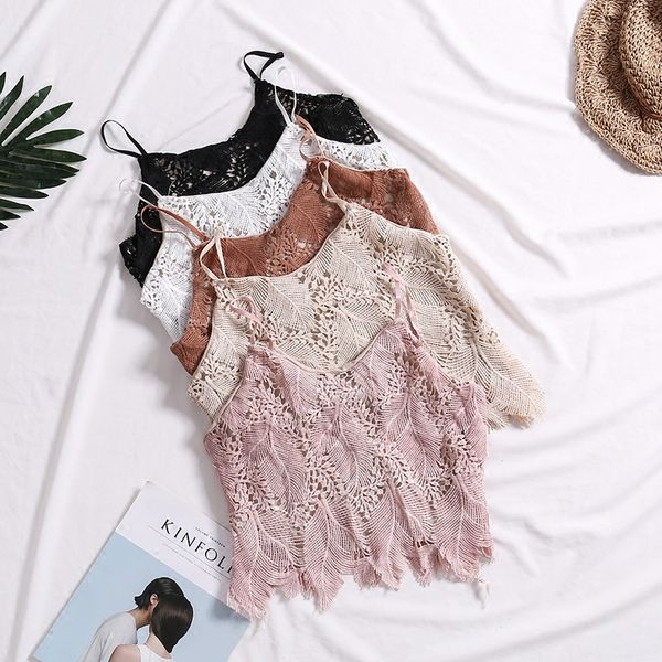 

2018 summer new female water soluble lace hollow sweet crochet vest women's solid color halter tank women sling camis, White