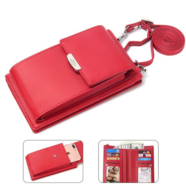 

fashion women wallets with mobile phone bag pu leather small messenger bags mini strap coin pure clutch wallet ladies, Red;black