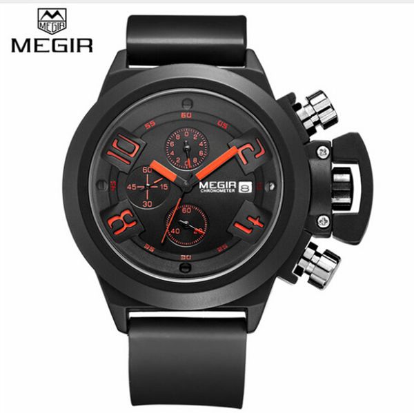 

megir chronograph sport function mens watches silicone wrist watches men male quartz watch relogio masculino, Slivery;brown