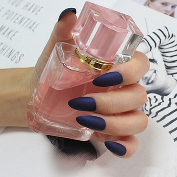 

meet across 24pcs matte fake nails short pointed water drop false nails full cover pure color fake nail tips soft nude false tip, Red;gold