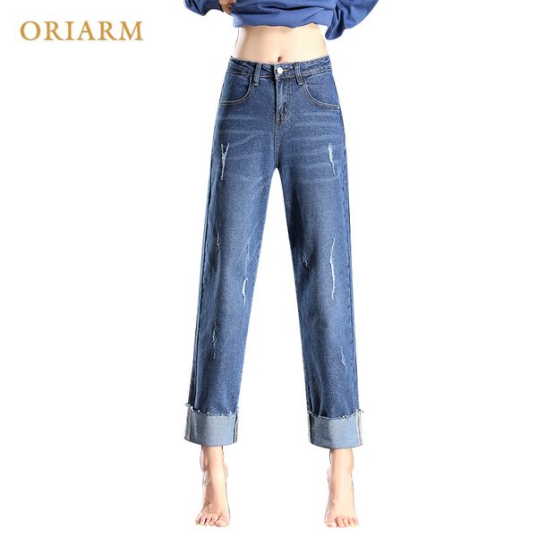 

2018 new slim pants vintage high waist jeans straight jeans for women bottom ladies straight female pants, Blue