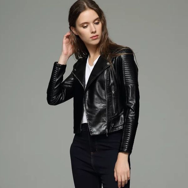 

2018 leather jacket women leather jacket female coat sheepskin black soft slim fit punk bomber