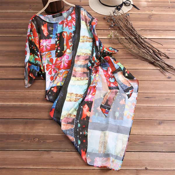 

new stylish irregular hem long shirt women boho floral printed blouse casual blusas bat sleeve lace-up bow tie plus size, White