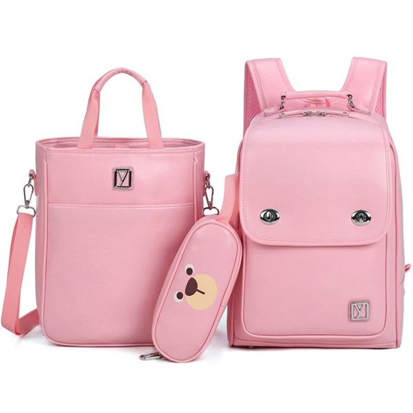 

3 sets children school bags for boys girls pu schoolbag backpack waterproof satchel kids book bag mochila with handbag pencil case