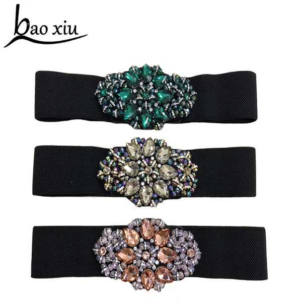 

new big rhinestone belts crystal shiny style retro wide crystal waistband short multi-colored designer elastic womens belts, Black;brown