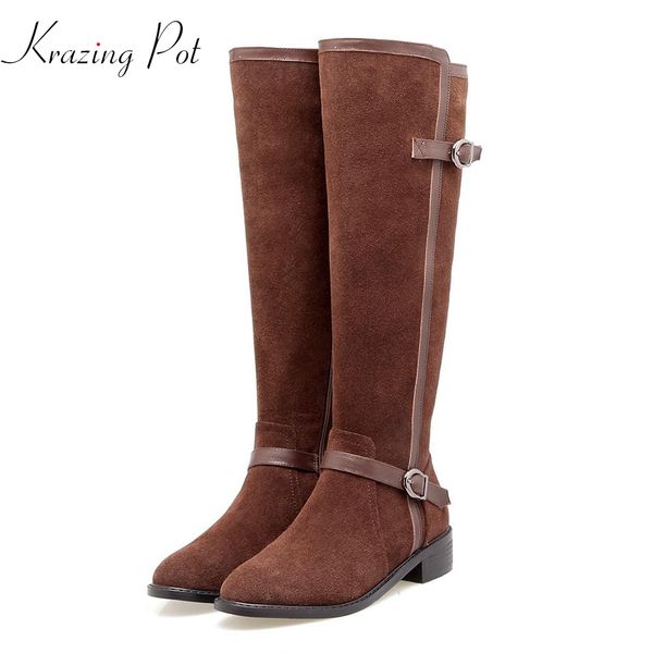 

krazing pot cow suede metal buckle high street fashion round toe full grain leather thigh riding boots l5f1, Black