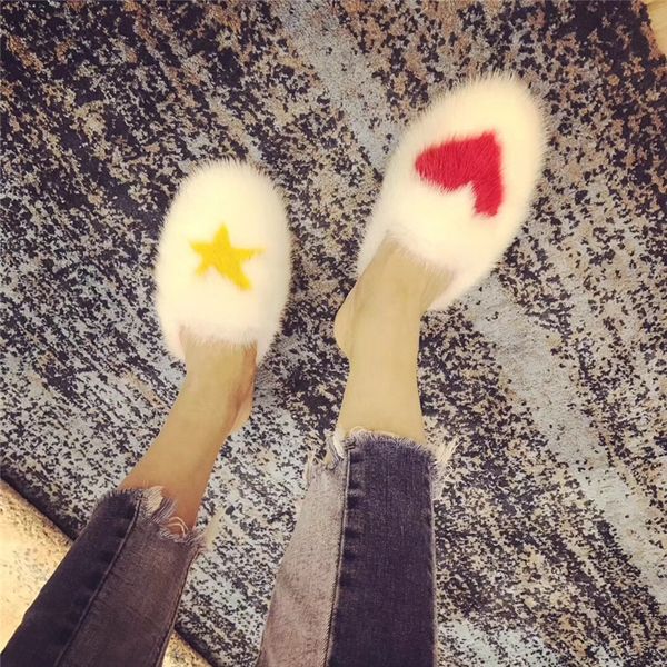 

2018 european and american autumn winter genuine leather fur flats warm slippers cute star heart pattern mixed color women shoes, Black
