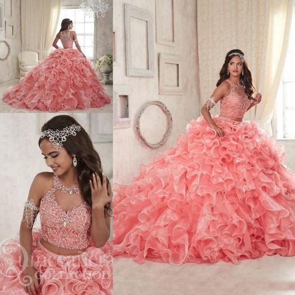 

2018 Modest Ruffles Two Pieces Coral Quinceanera Dresses Sweet 16 Lace Organza Plus Size Masquerade Sheer Prom Occasion Dress