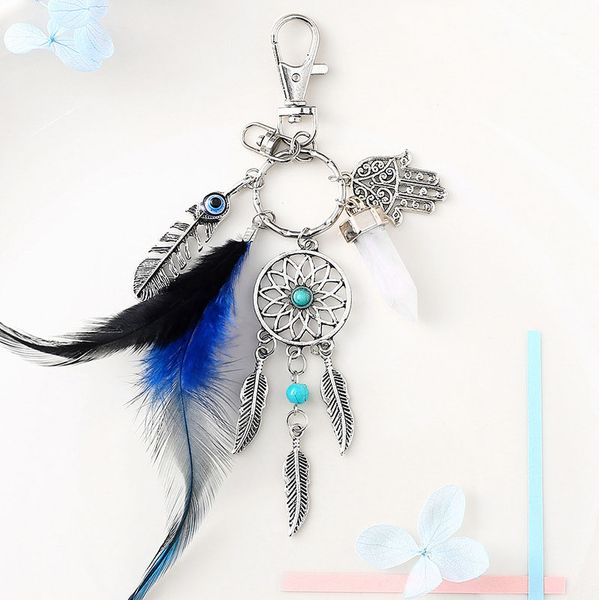 

natural emerald dreamcatcher keyring fashion boho jewelry feather keychain for women bag car fashion accessorice creative gifts g266q, Silver