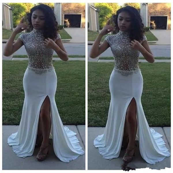 

black girls mermaid prom dresses crystals beading high neck illusion white rhinestone side split african long chiffon evening party gowns