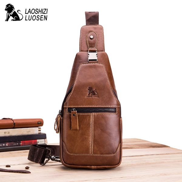 

laoshizi luosen double zipper genuine leather crossbody bags men messenger bags male shoulder bag chest bag for men 91010