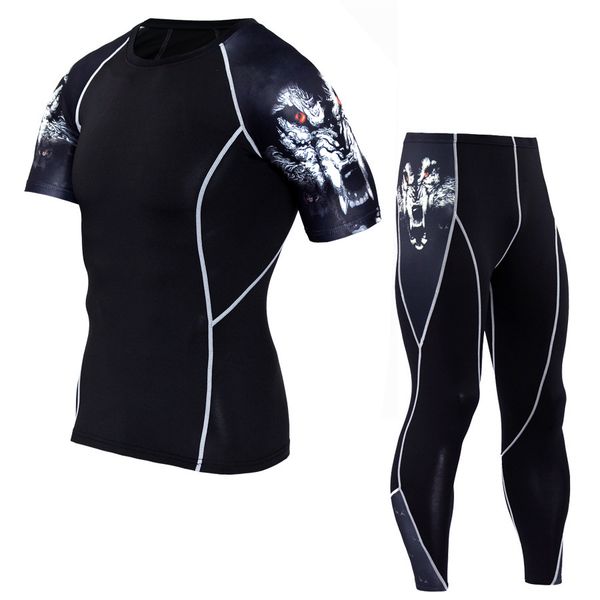 

tights for men crossfit men's tight-fitting clothing short-sleeved t-shirt + trousers kit, Gray