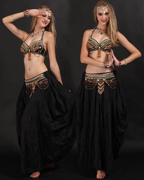 

2016 handmade belly dance tribal costume for women belly dancing bra and belt set on sale, Black;red