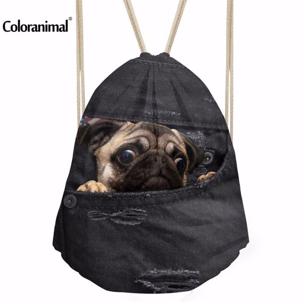 

instantarts black denim 3d pug dog print gym bags drawstring backpack outdoor travel swim climbing sport string bags for shoes