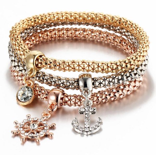 

3 pcs/set elastic crystal bracelet heart crown tree of life elepant skull butterfly charm bracelet bangle women jewelry sets, Golden;silver