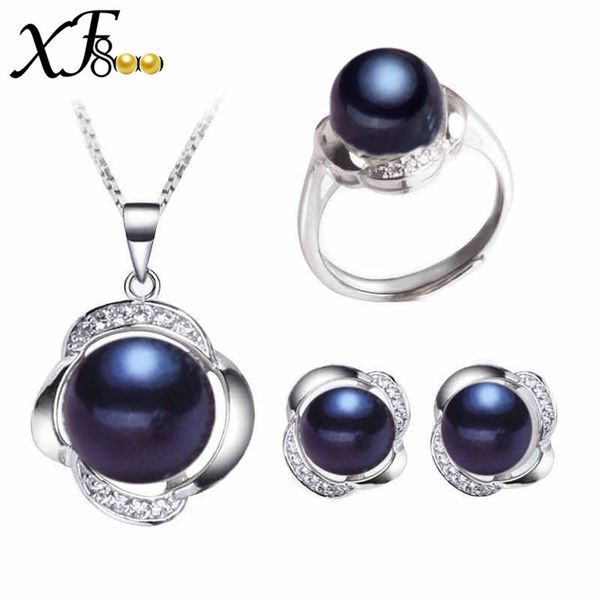 

xf800]black pearl jewelry sets 925 sterling silver genuine freshwater pearl necklace pendant earrings rings for women[st20