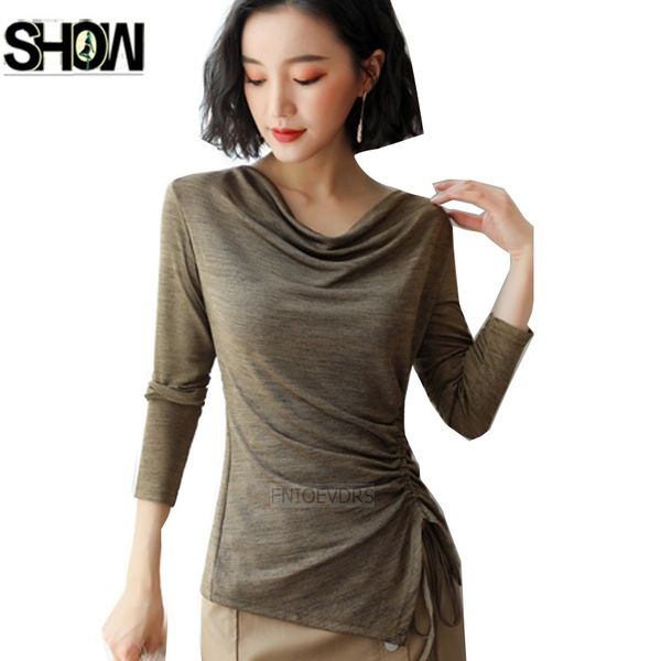 

basic tshirts tees women fashion long sleeve elegant office lady work bow tie waist temperament cotton t shirts, White