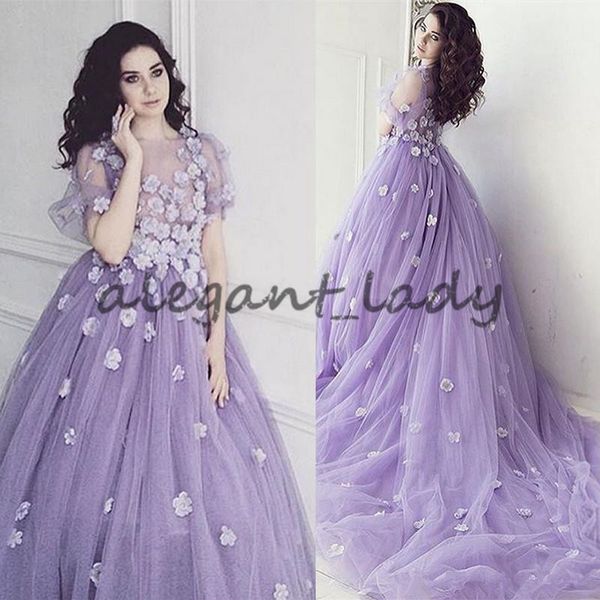 

handmade flower illusion lavender evening gowns puffy sleeves long train arabic evening dresses party formal gowns pgraphy dress prom, Black