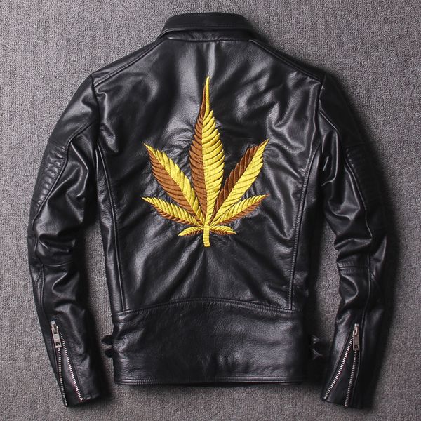 

мужская мотоцикл кожаная куртка назад с вышитыми кленовый лист косой молнии большой отворот первый слой натуральной кожи, Black