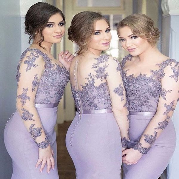 

mermaid long bridesmaid dresses long sleeves lace appliques formal wedding party dresses sheer brides maid dress, White;pink