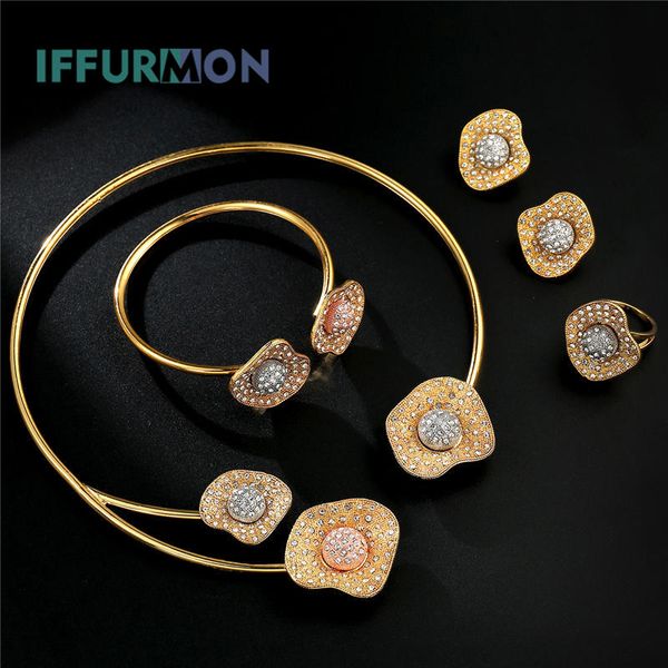 

iffurmon jewelry sets for women african beads jewelry set dubai turkish imitation crystal vintaga choker necklace earrings set, Slivery;golden