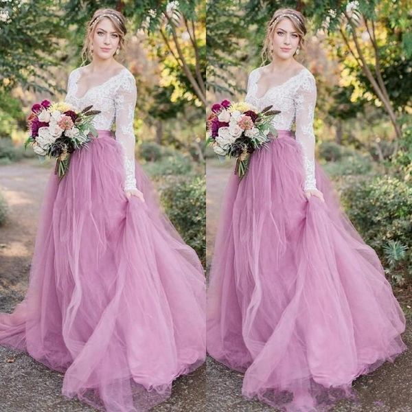 Discount Bright Lilac Garden Country Wedding Dresses Deep V Neck