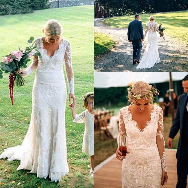 

2018 new full lace vintage wedding dresses deep v neck long illusion sleeves applique sweep train country wedding gowns bridal dress, White