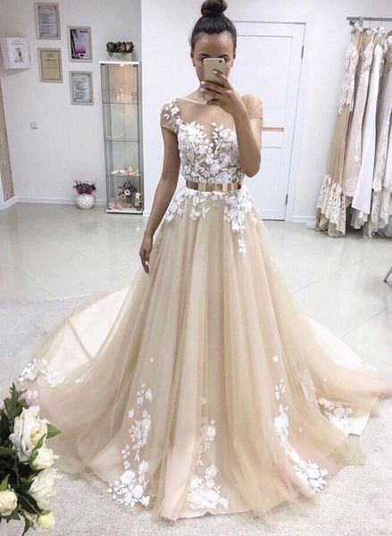 

new champagne short sleeve a line wedding dresses colorful lace long tulle sash bridal gowns formal party blush transparent selling, White