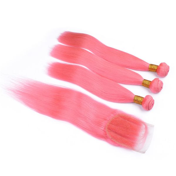 Rosa Menschenhaarwebart mit Spitzenverschluss, seidengerade, Spitzenverschluss mit Bündeln, rosa Haarverlängerung mit 4 x 4-Spitzenverschluss, 4 Teile/los