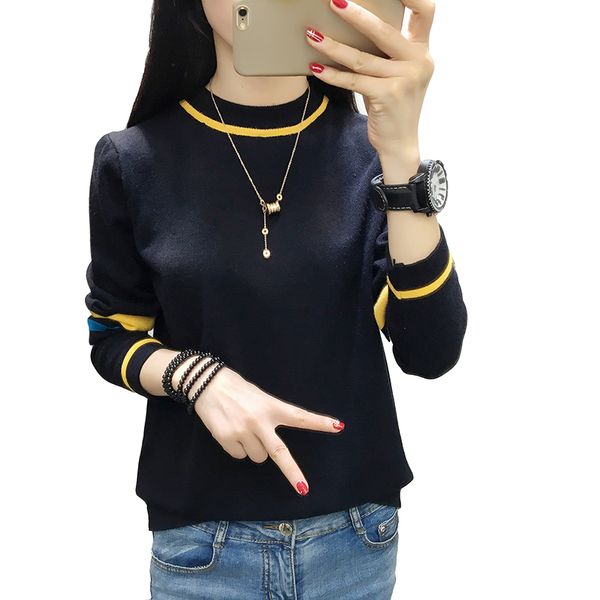 

women round collar slim color matching long-sleeved casual bottoming fashion autumn knitting basic top, White