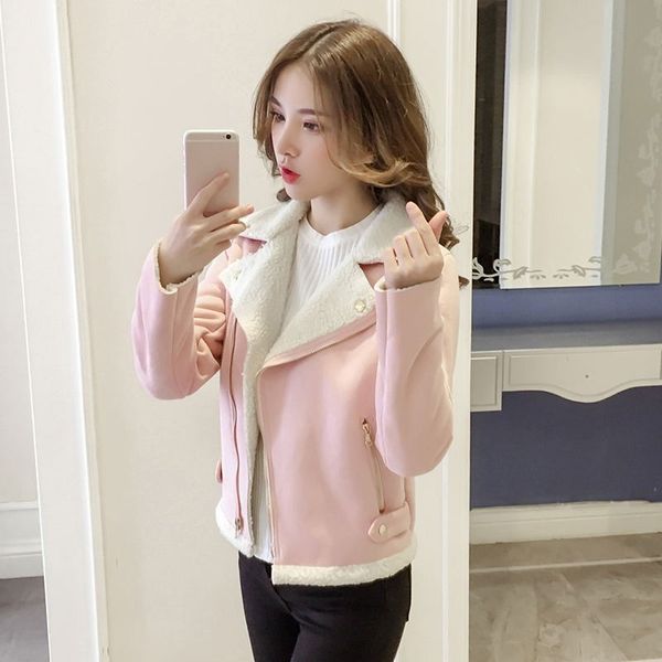 

2018 winter warm coat women short lamb wool suede leather jacket thicken lambs wool motorcycle jacket, Black;brown