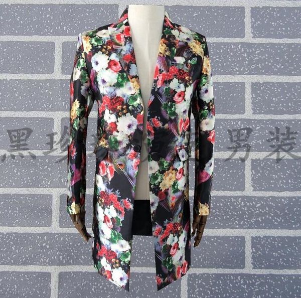 

dance printing men suits designs long design men's clothing masculino homme terno stage costumes for singers men blazer fashion, White;black